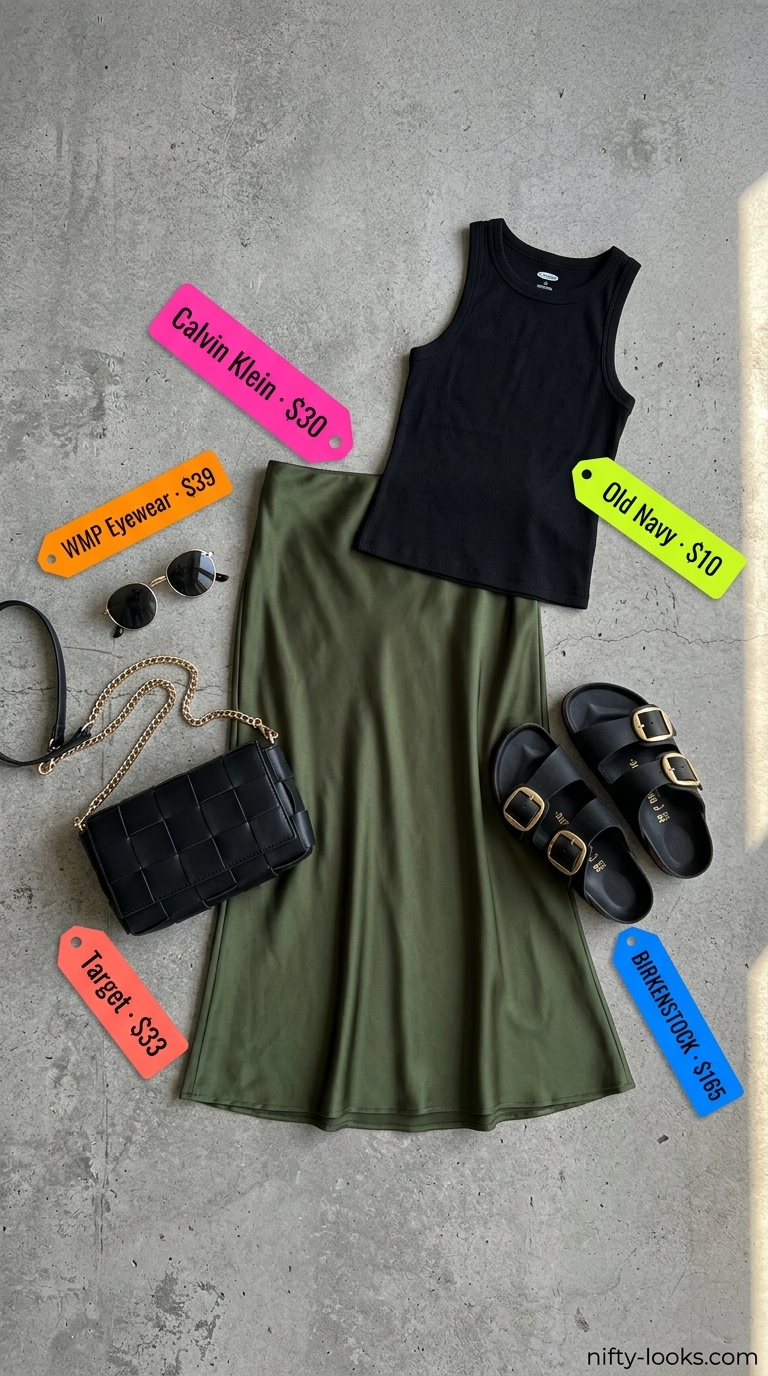 Boho Airport Outfits for Women Summer 2026 Airport outfits for women summer 2026: Olive green satin midi skirt, black tank, and leather sandals for vacation sightseeing.