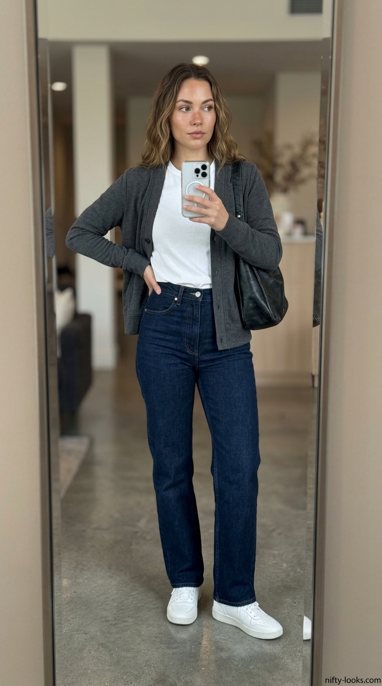 Classic Airport Outfits for Women Summer 2026 Airport outfits for women summer 2026: Dark wash jeans, grey tee, knit cardigan, white sneakers, and hobo bag for city exploration.