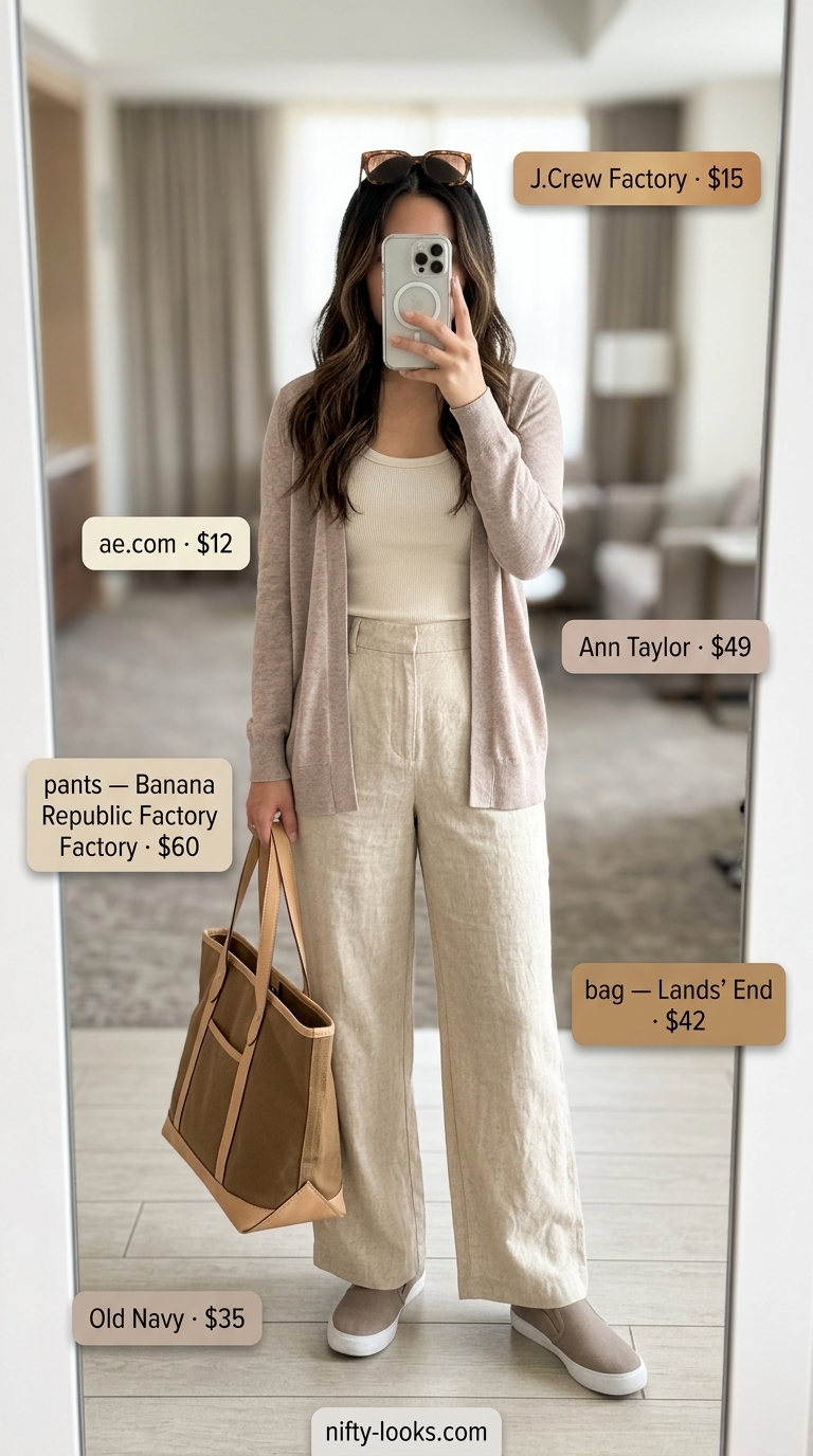 Comfortable Airport Outfits for Women Summer 2026 Airport outfits for women summer 2026: Oatmeal linen pants, cream tank, knit cardigan, canvas tote for long flights.