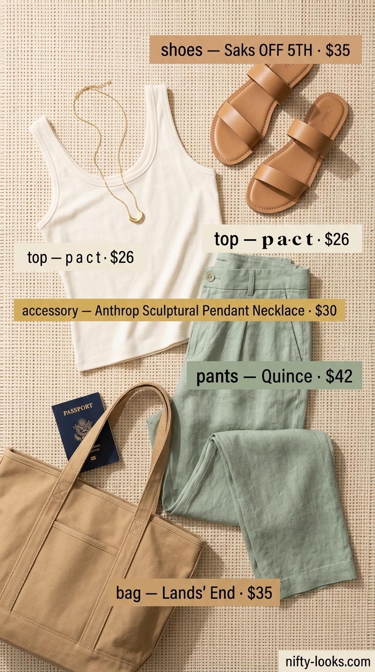 Effortless Airport Outfits for Women Summer 2026 Airport outfits for women summer 2026: Sage green linen pants, cream tank, tan slides, and canvas tote for summer day trips.
