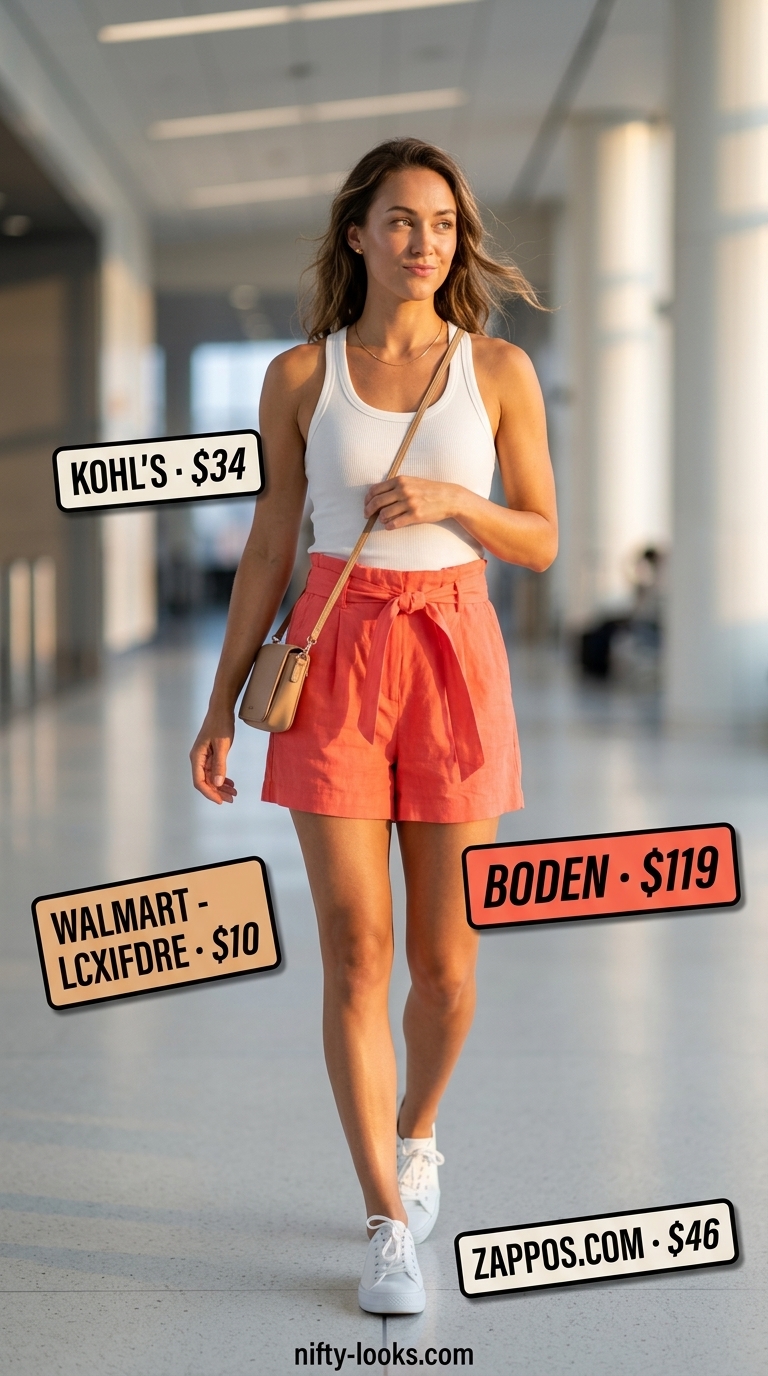 Airport Outfits for Women Summer 2026: Coral Shorts Coral shorts and white tank airport outfit for women summer 2026, playful and energetic for warm climates.