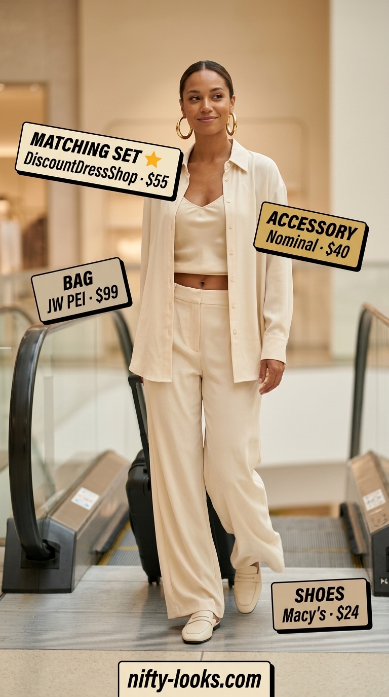 Airport Outfits for Women Summer 2026: Cream Matching Set Cream matching set airport outfit for women summer 2026, minimalist and luxurious for business travel.