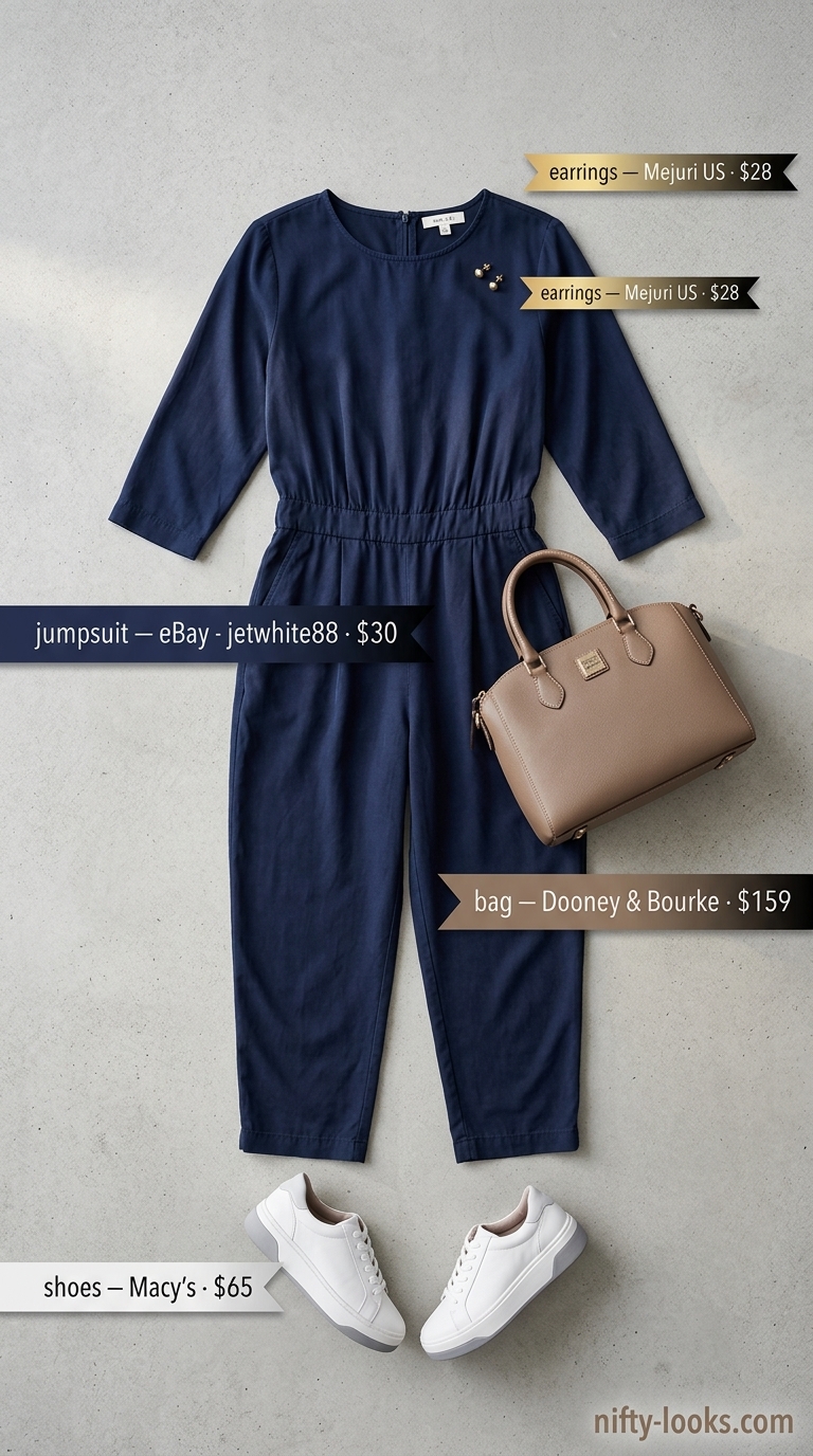 Modern Airport Outfits for Women Summer 2026 Airport outfits for women summer 2026: Navy utility jumpsuit, taupe crossbody bag, and white platform sneakers for city exploration.