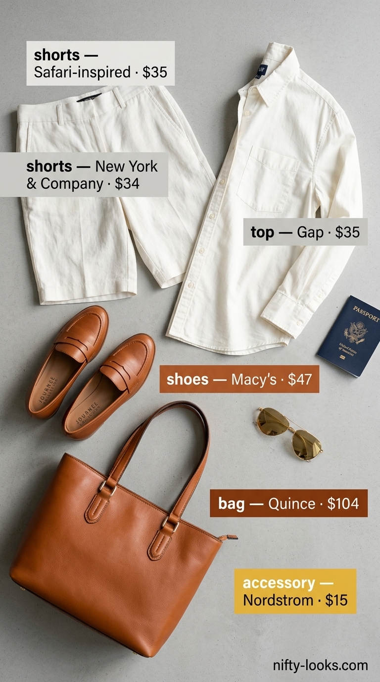Airport Outfits for Women Summer 2026: Linen Shorts Khaki linen shorts airport outfit for women summer 2026, sophisticated and adventurous for city breaks.