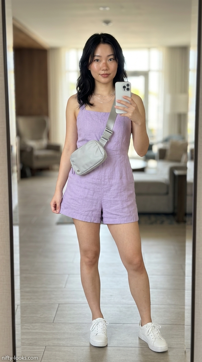 Playful Summer Airport Outfits for Women 2026 Airport outfits for women summer 2026: Lavender linen romper, white belt bag, silver necklace, and white sneakers for weekend trips.