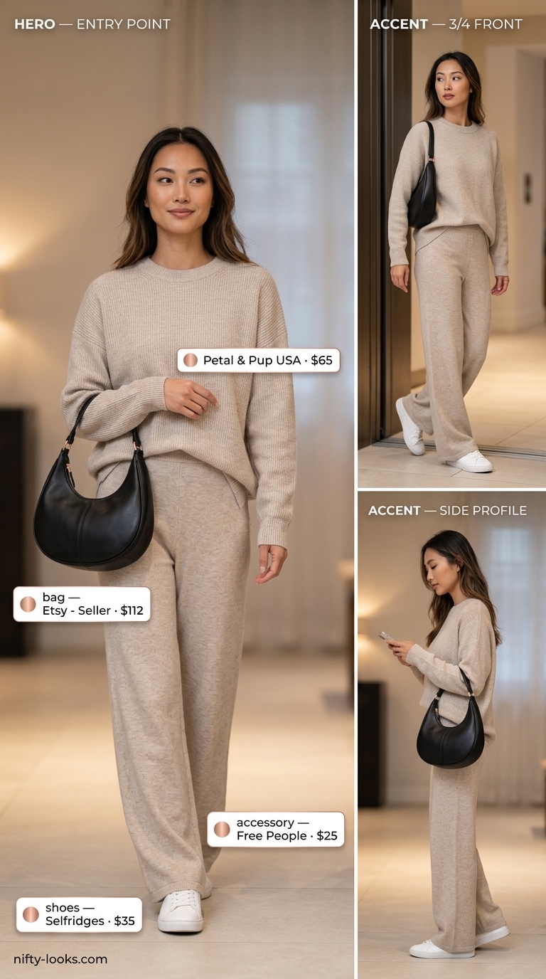 Airport Outfits for Women Summer 2026: Cozy Matching Set Oatmeal matching set airport outfit for women summer 2026, cozy and luxurious for relaxed travel.