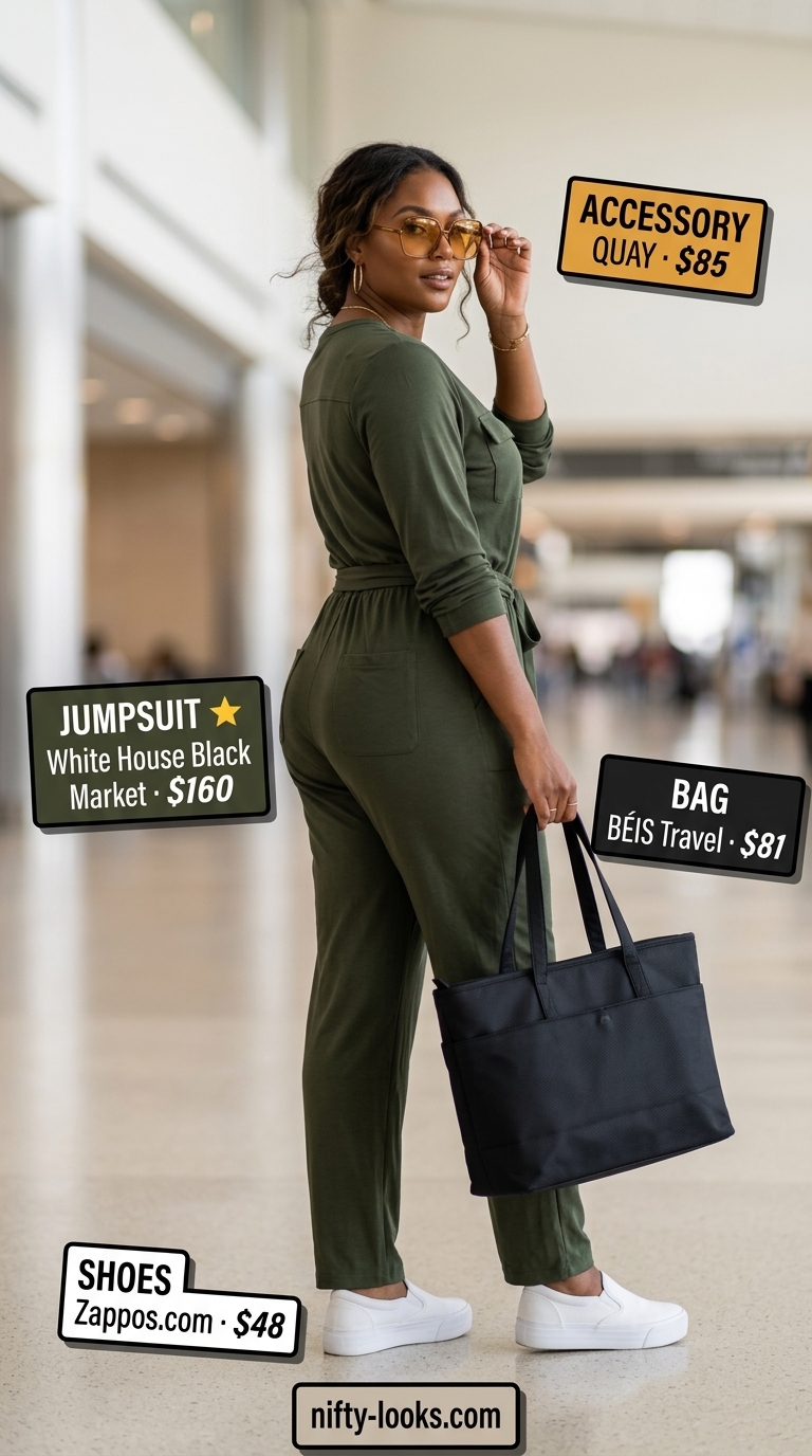 Airport Outfits for Women Summer 2026: Jumpsuit Style Olive green jumpsuit airport outfit for women summer 2026, perfect for long-haul flights and stylish travel.