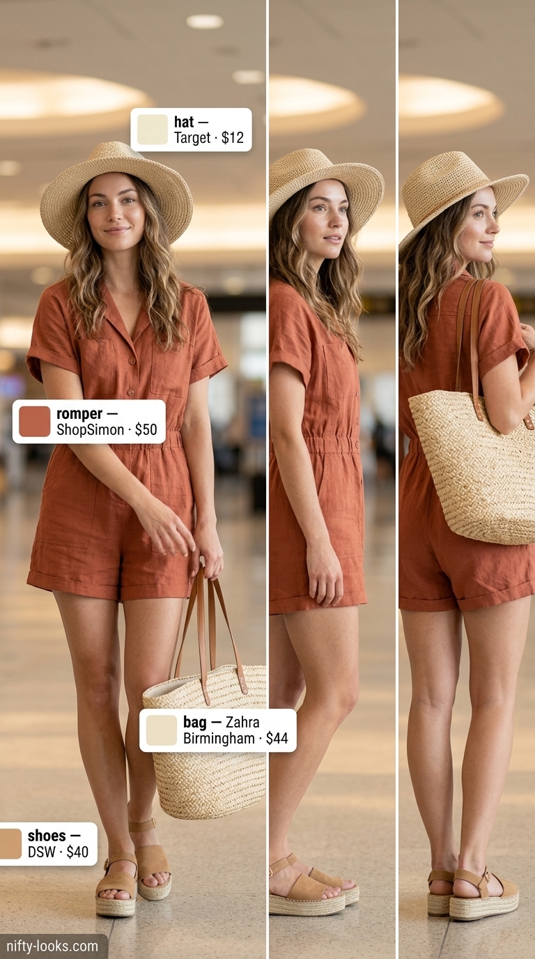 Playful Airport Outfits for Women Summer 2026 Airport outfits for women summer 2026: Terracotta linen romper, straw hat, espadrilles, and layered necklaces for beach vacation.