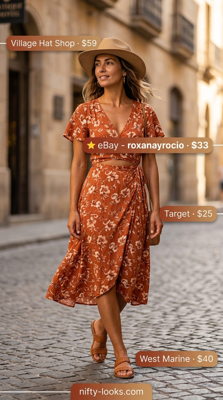 Airport Outfits for Women Summer 2026: Boho Dress Terracotta floral dress airport outfit for women summer 2026, bohemian and vibrant for resort arrivals.