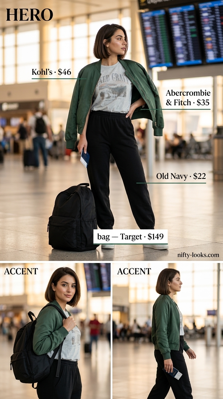 Urban Airport Outfits for Women Summer 2026 Airport outfits for women summer 2026: Forest green bomber jacket, white graphic tee, joggers, and sneakers for urban outings.