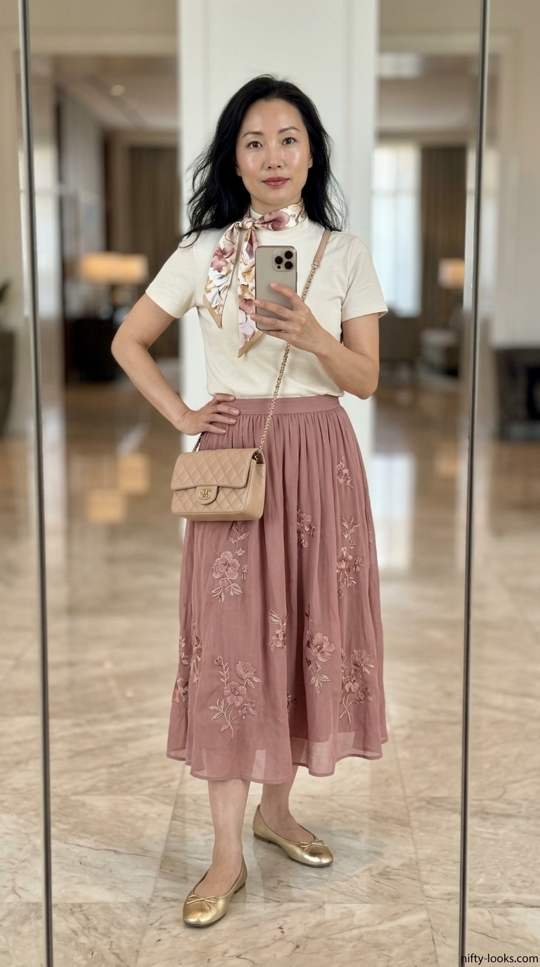 Chic Airport Outfits for Women Summer 2026 Airport outfits for women summer 2026: Dusty rose midi skirt, cream knit top, gold flats, and silk scarf for city break travel.