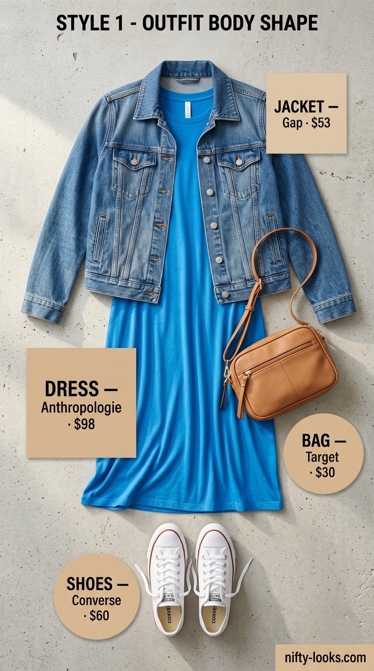 Airport Outfits for Women Summer 2026: Pop of Color Playful airport outfits for women summer 2026: Blue t-shirt dress, denim jacket, and sneakers.