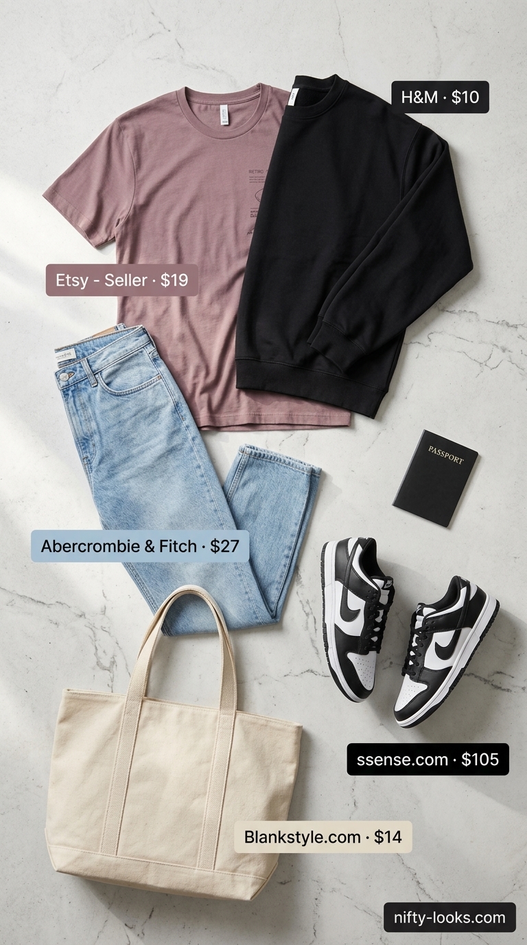 Airport Outfits for Women Summer 2026: Classic Cool Casual airport outfits for women summer 2026: Jeans, graphic tee, sweatshirt, and canvas tote.