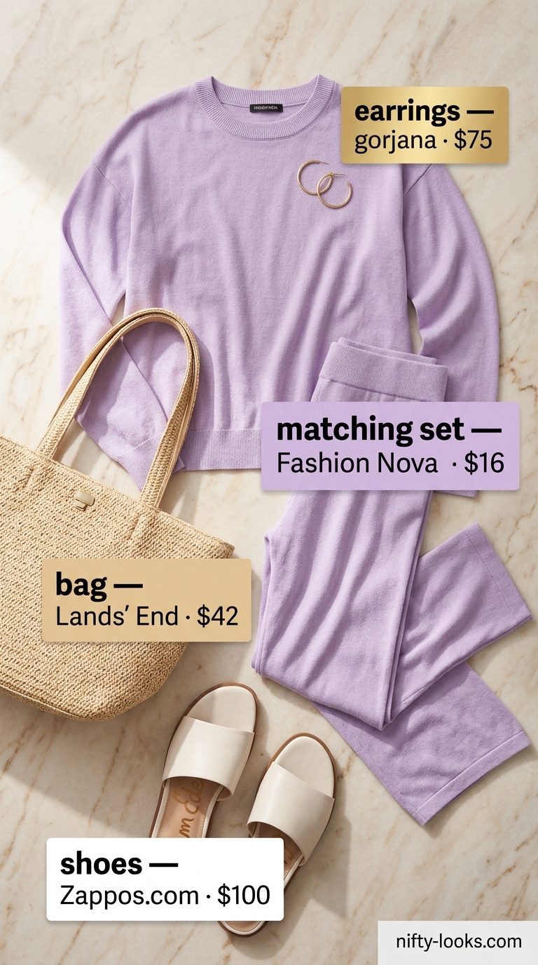 Airport Outfits for Women Summer 2026: Coordinated Ease Sophisticated airport outfits for women summer 2026: Lavender knit set, straw tote, and white sandals.