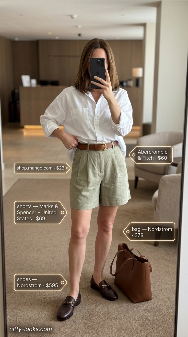 Airport Outfits for Women Summer 2026: Polished Explorer Polished airport outfits for women summer 2026: Olive linen shorts, white shirt, and leather loafers.