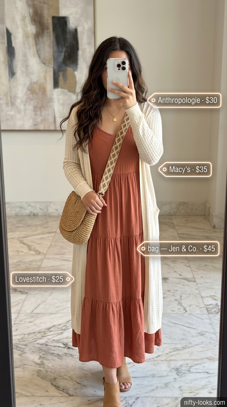 Airport Outfits for Women Summer 2026: Maxi Getaway Bohemian airport outfits for women summer 2026: Terracotta maxi dress, open-knit cardigan, and straw bag.