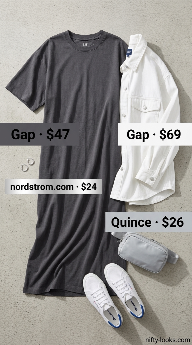 Airport Outfits for Women Summer 2026: Relaxed Travel Comfortable airport outfits for women summer 2026: Grey maxi dress, oversized denim jacket, and white sneakers.