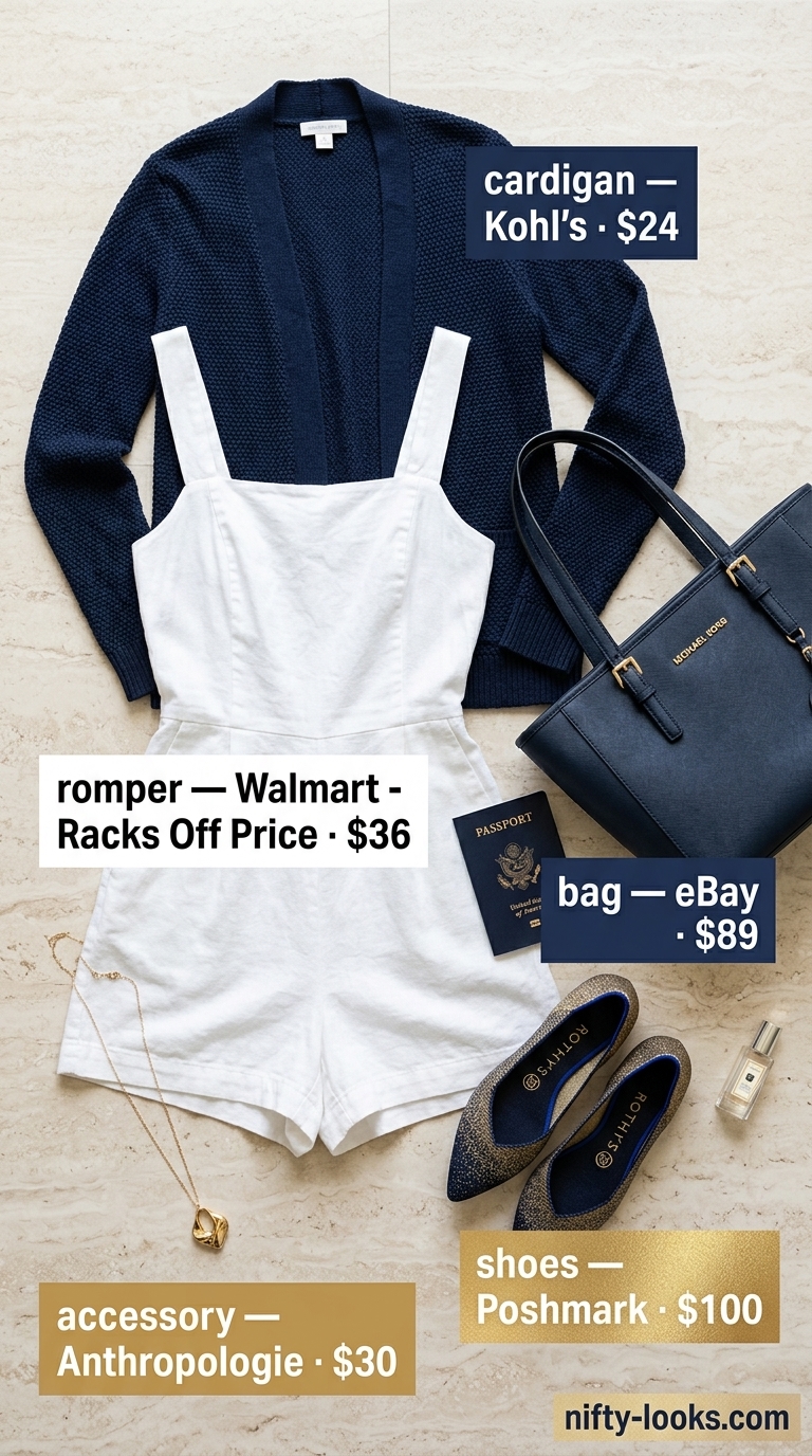 Airport Outfits for Women Summer 2026: Preppy Travel Chic airport outfits for women summer 2026: White romper, navy cardigan, and ballet flats.