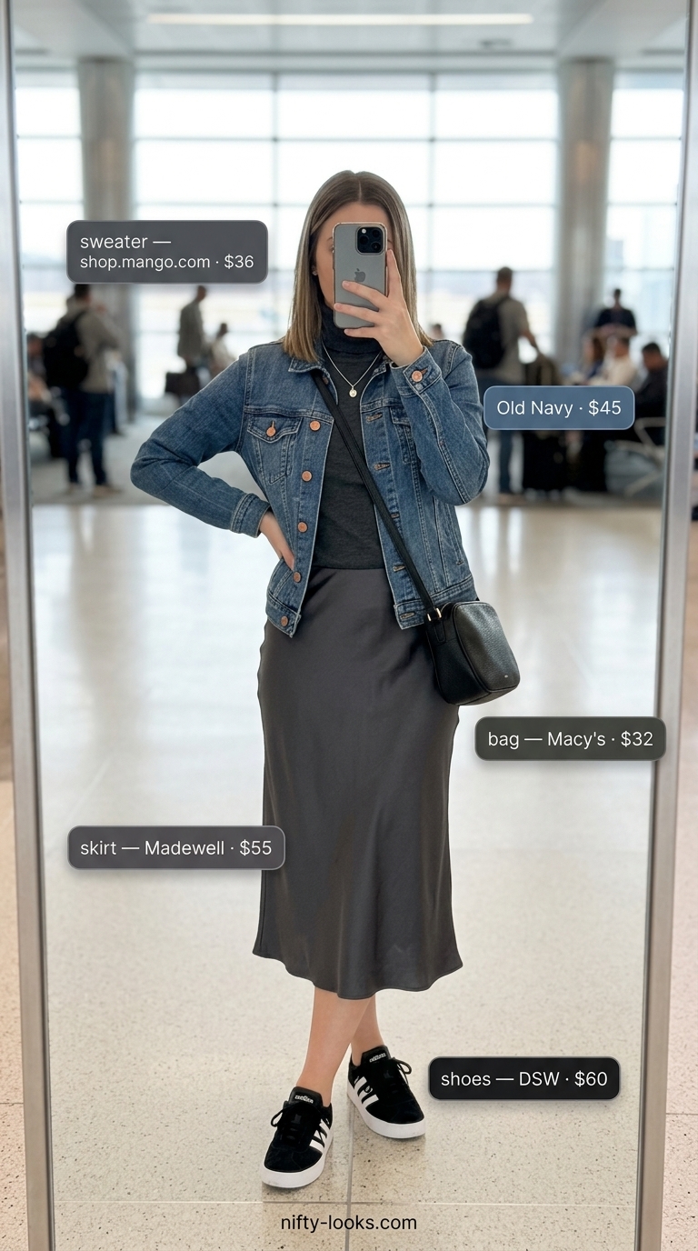 Airport Outfits for Women Summer 2026: Chic Travel Style Chic airport outfits for women summer 2026: Grey satin skirt, black knit top, denim jacket, and sneakers.