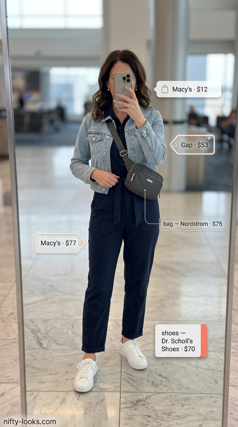 Airport Outfits for Women Summer 2026: Utility Jumpsuit Modern airport outfits for women summer 2026: Navy utility jumpsuit, denim jacket, and belt bag.