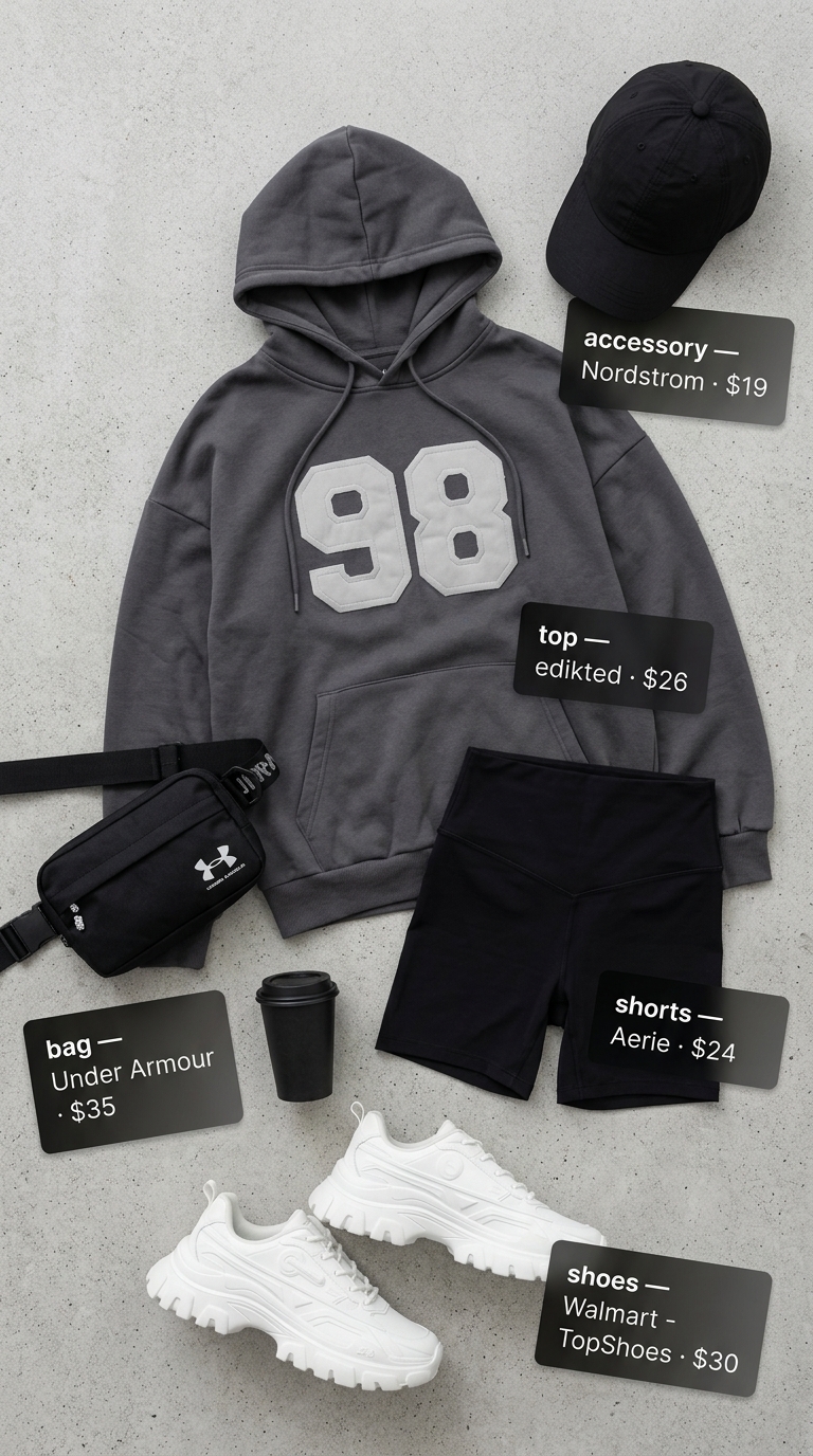 Athleisure outfit: black biker shorts, oversized graphic hoodie, belt bag. Cute summer denim shorts for women 2026 alternative.