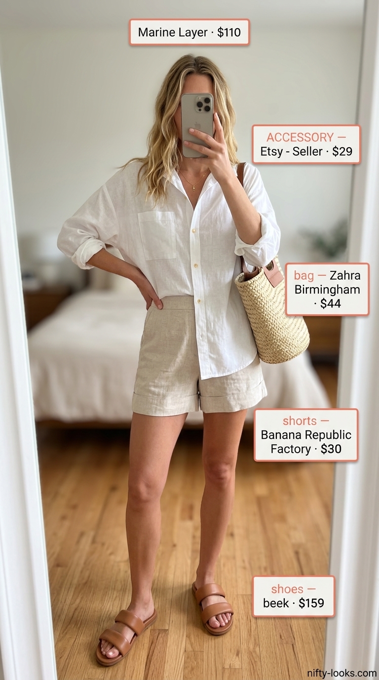 Effortless coastal linen set: linen shorts, oversized shirt, slides. Cute summer denim shorts for women 2026 alternative.