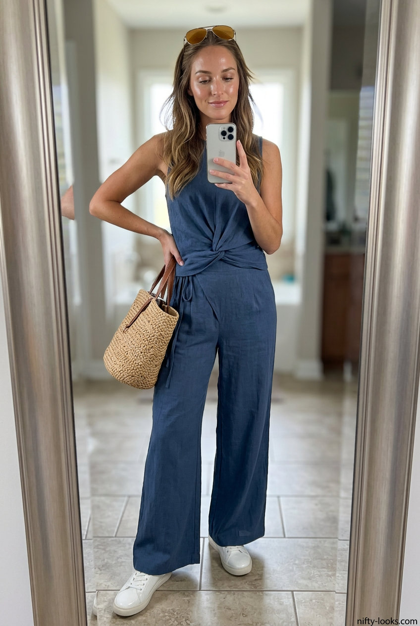 Alternative: Dusty blue linen set instead of flowy summer wide leg pants outfits 2026 for travel.