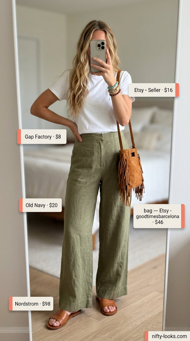Flowy summer wide leg pants outfits 2026: This is a tiered skirt, not wide leg pants. Alternative outfit option.