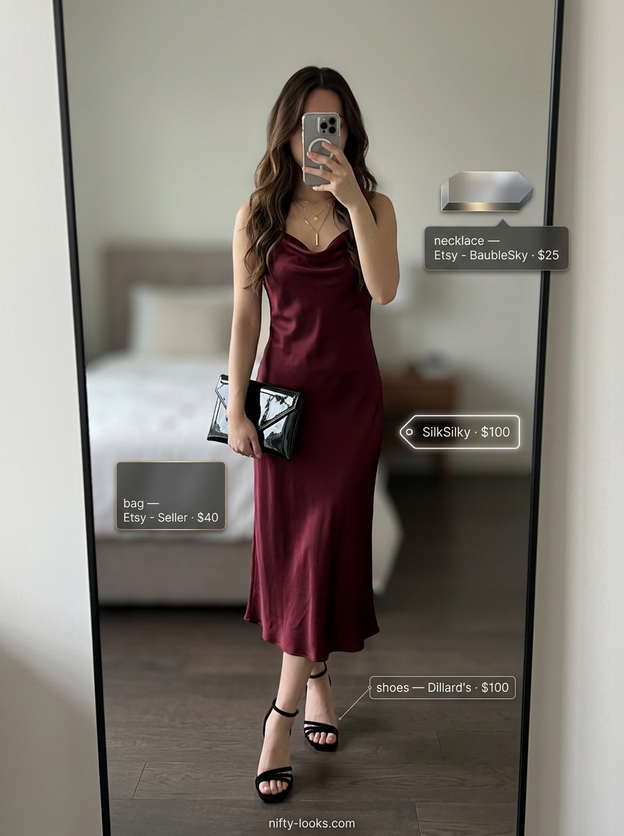 Alternative slip dress for summer 2026. Burgundy satin midi slip dress with gold necklaces and black sandals for date night.