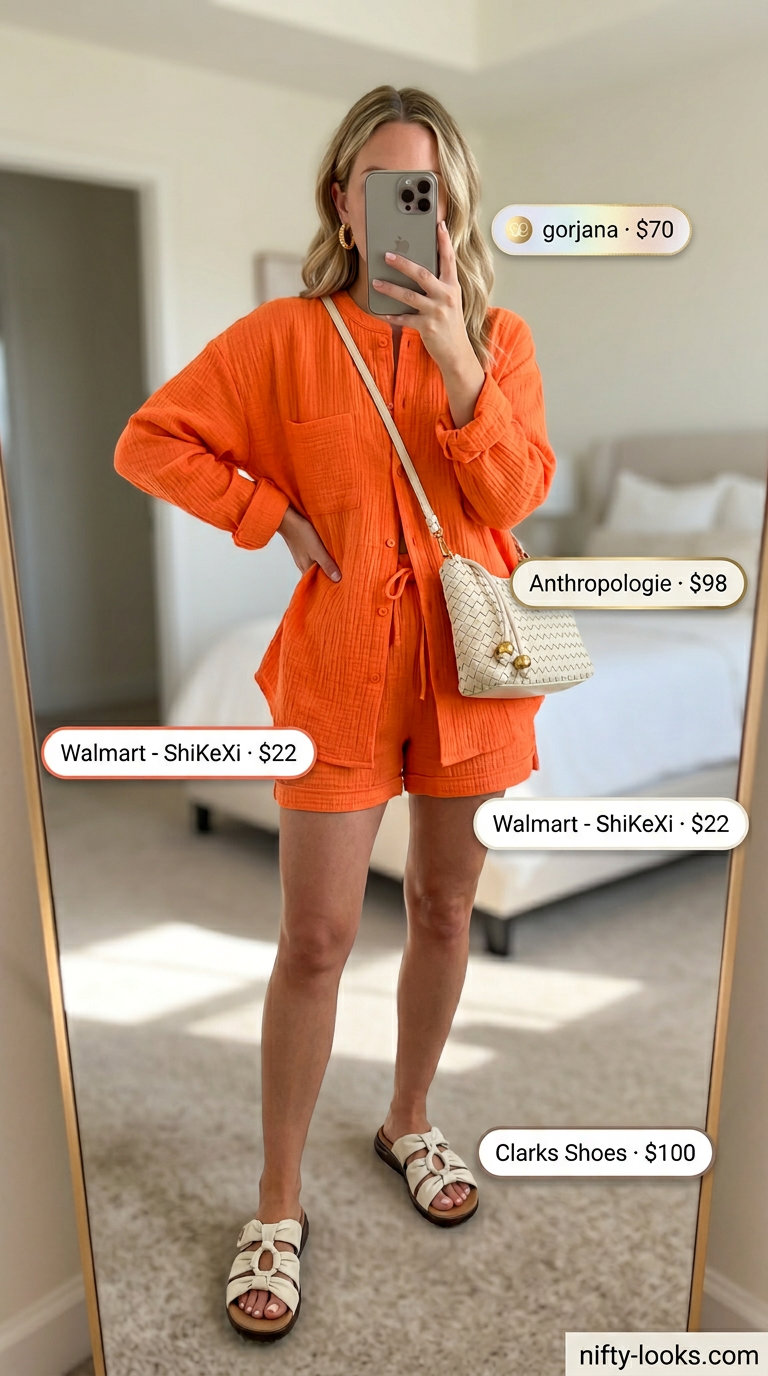 Chic linen matching set for women, not short outfits summer 2026, with slides and gold earrings.