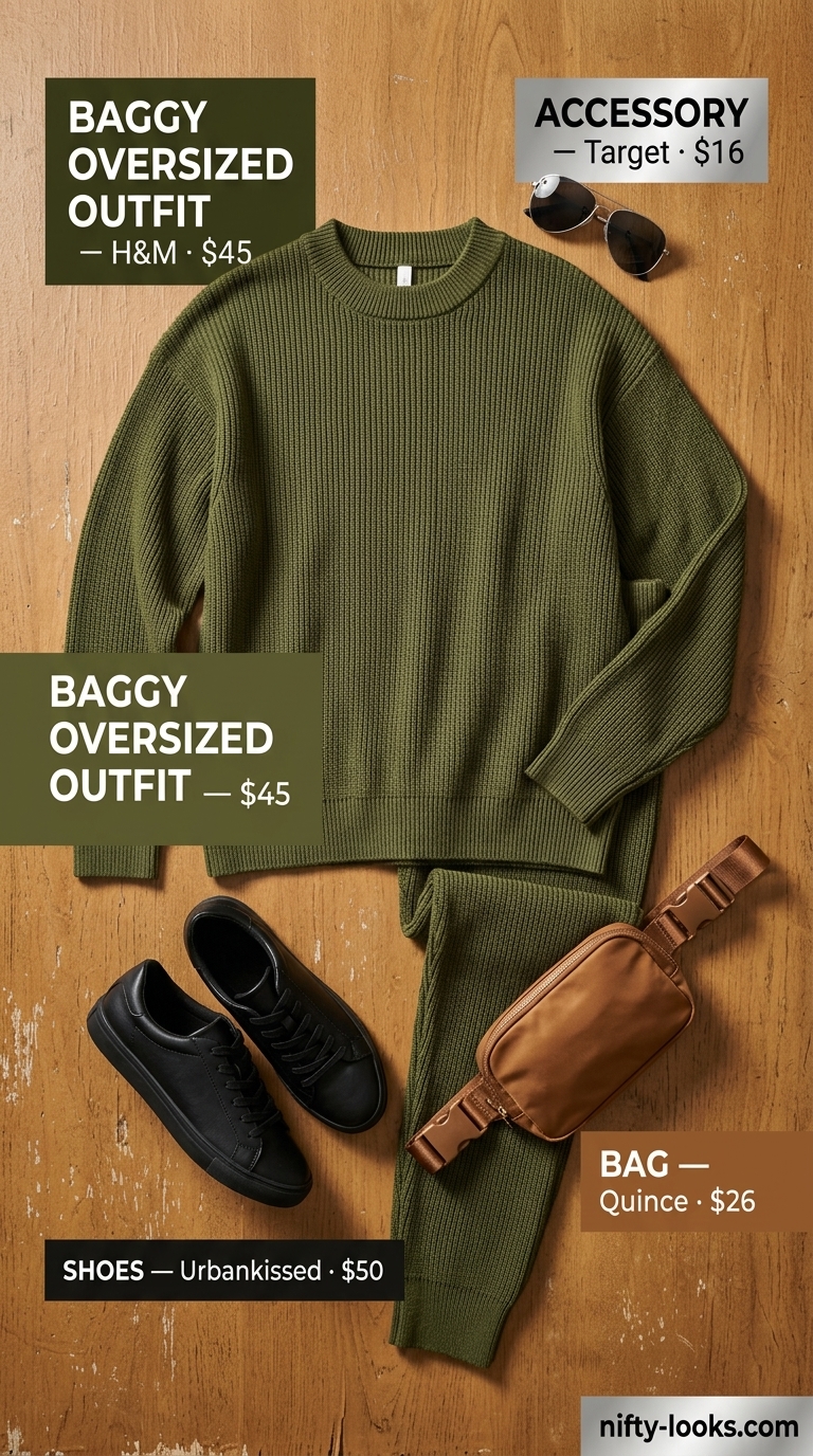 Baggy Oversized Summer Outfit 2026: Athleisure Chic Baggy oversized summer outfit for women 2026: olive green knit set, black belt bag, sneakers, and sunglasses.