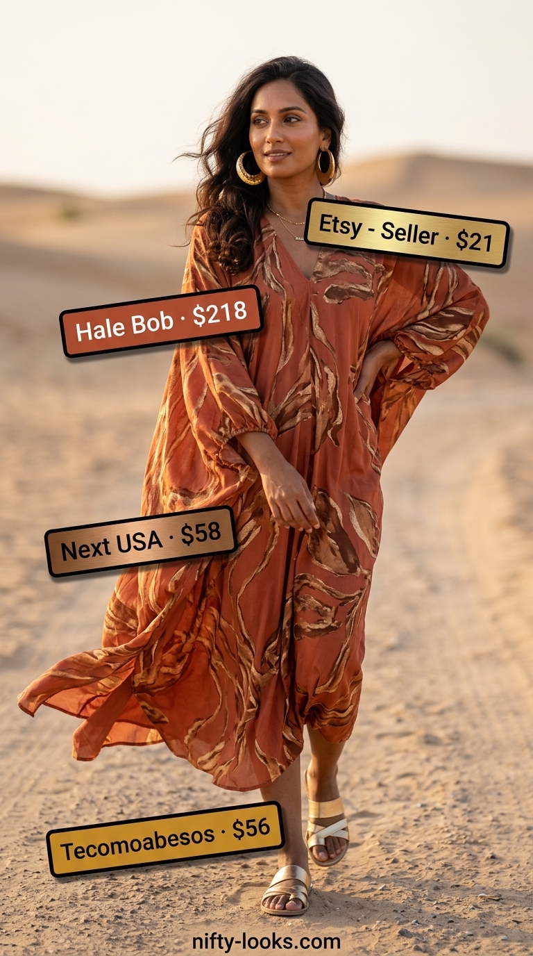 Baggy Oversized Summer Outfit 2026: Bohemian Glam Baggy oversized summer outfit for women 2026: terracotta caftan dress, gold earrings, bronze sandals, woven clutch.