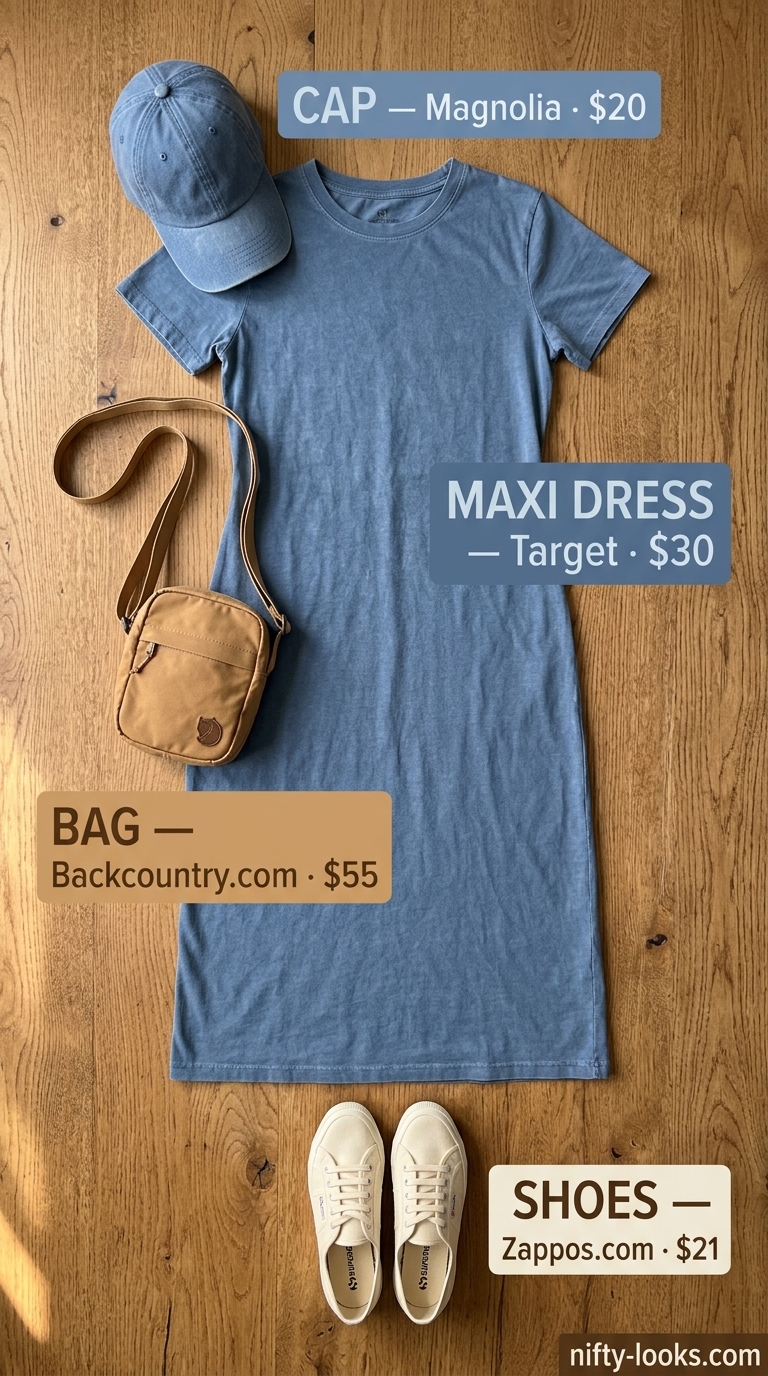 Baggy Oversized Summer Outfit for Women 2026: Casual Weekend Style Baggy oversized summer outfit for women 2026: Denim maxi dress, baseball cap, and crossbody bag for casual weekends.