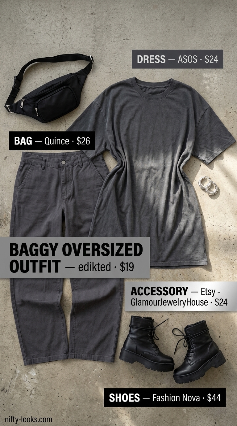 Baggy Oversized Summer Outfit 2026: Edgy Tee Dress Baggy oversized summer outfit for women 2026: charcoal tee dress, chunky boots, silver earrings, black belt bag.