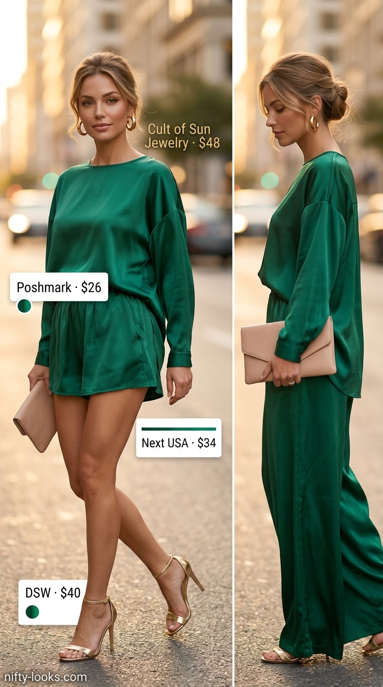 Baggy Oversized Summer Outfit for Women 2026: Emerald Evening Glam Baggy oversized summer outfit for women 2026: Emerald satin set, gold sandals, and clutch for cocktail hour.