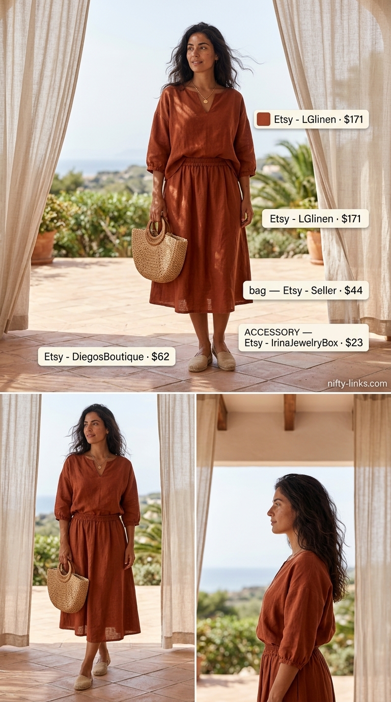 Baggy Oversized Summer Outfit for Women 2026: Boho Beach Vibes Baggy oversized summer outfit for women 2026: Terracotta gauze set, straw tote, and espadrilles for beach vacations.