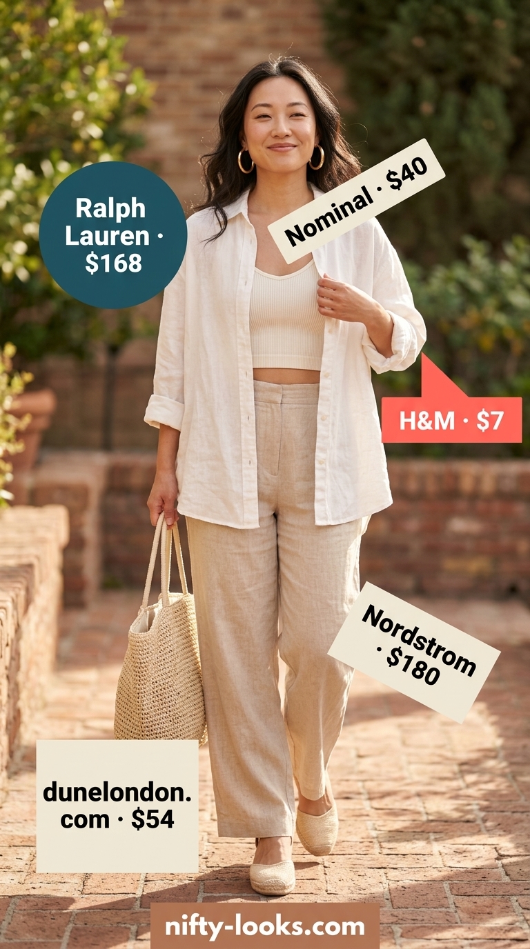 Coastal Linen: Baggy Oversized Summer Outfit 2026 Baggy oversized linen set summer outfit for women 2026 in natural beige and cream for beach vacations.