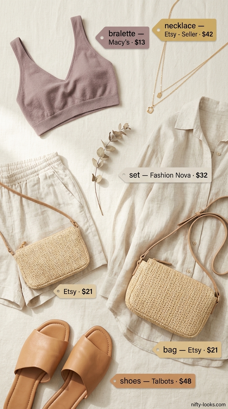 Baggy Oversized Summer Outfit for Women 2026: Desert Resort Style Baggy oversized summer outfit for women 2026: Linen shorts set, bralette, and slides for resort wear.