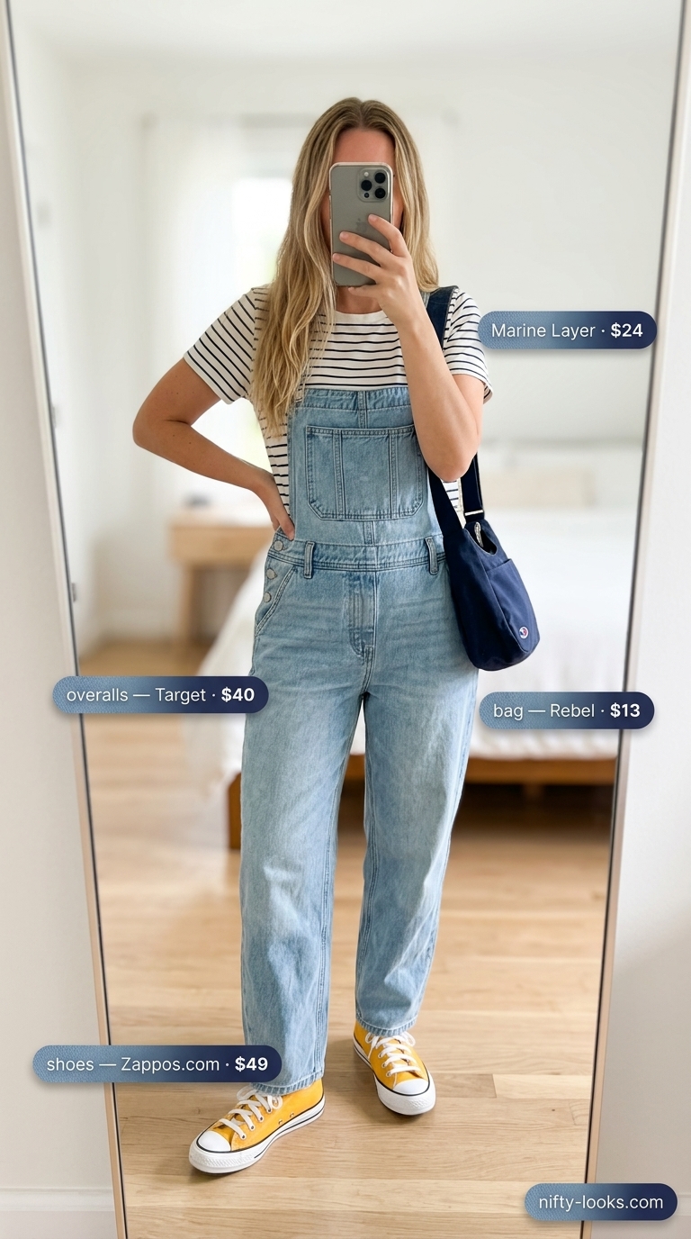 Weekend Wanderlust: Baggy Overalls Summer Outfit 2026 Baggy oversized denim overalls summer outfit for women 2026 with navy stripes and mustard sneakers.
