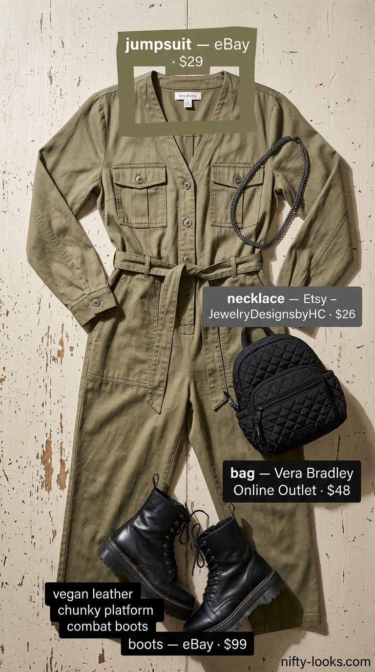 Baggy Oversized Summer Outfit 2026: Safari Chic Baggy oversized summer outfit for women 2026: khaki utility jumpsuit, black combat boots, gunmetal necklace, black backpack.