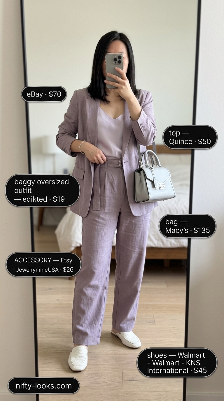 Lavender Haze: Baggy Shorts Set Summer Outfit 2026 Baggy oversized linen shorts set summer outfit for women 2026 in pastel lavender for business casual.