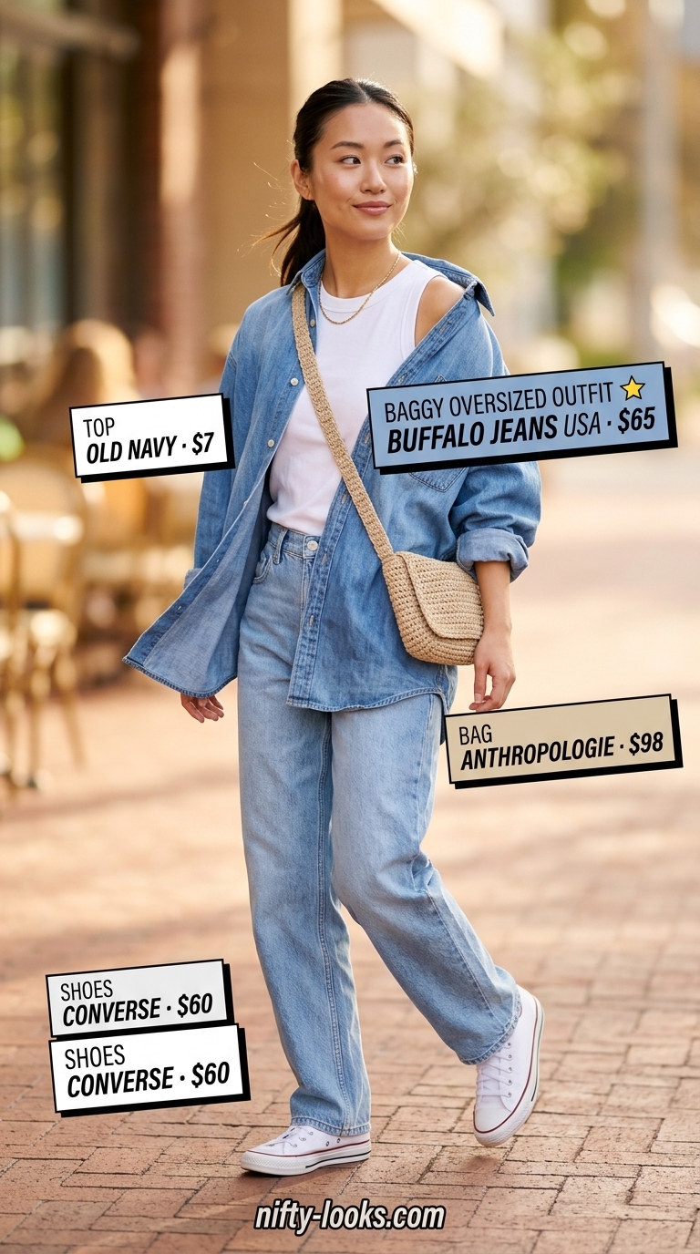 Sky Blue Breeze: Baggy Oversized Summer Outfit 2026 Baggy oversized summer outfit for women 2026 with sky blue shirt and denim shorts for casual lunch.