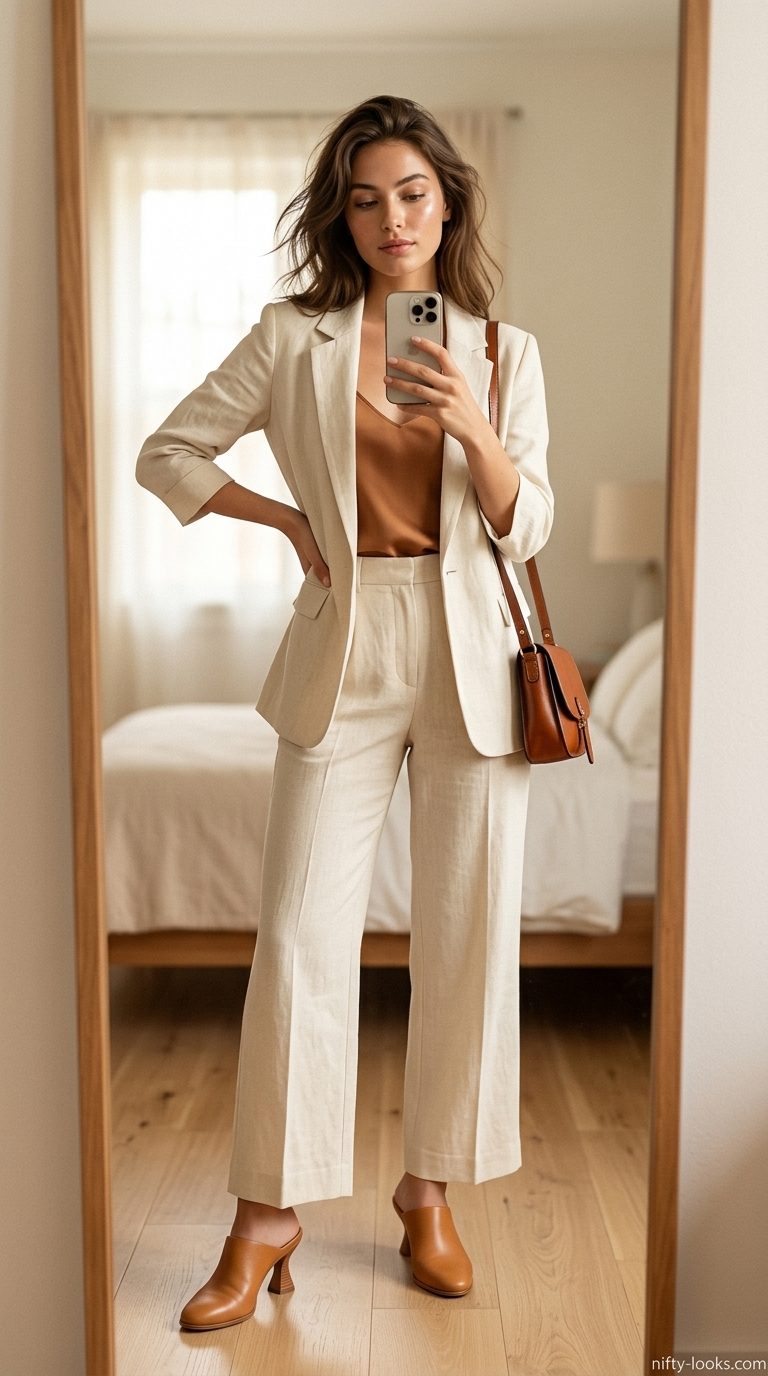 Baggy Oversized Summer Outfit 2026: Sophisticated Suiting Baggy oversized summer outfit for women 2026: cream linen blazer & trousers, tan camisole, cognac mules & bag.