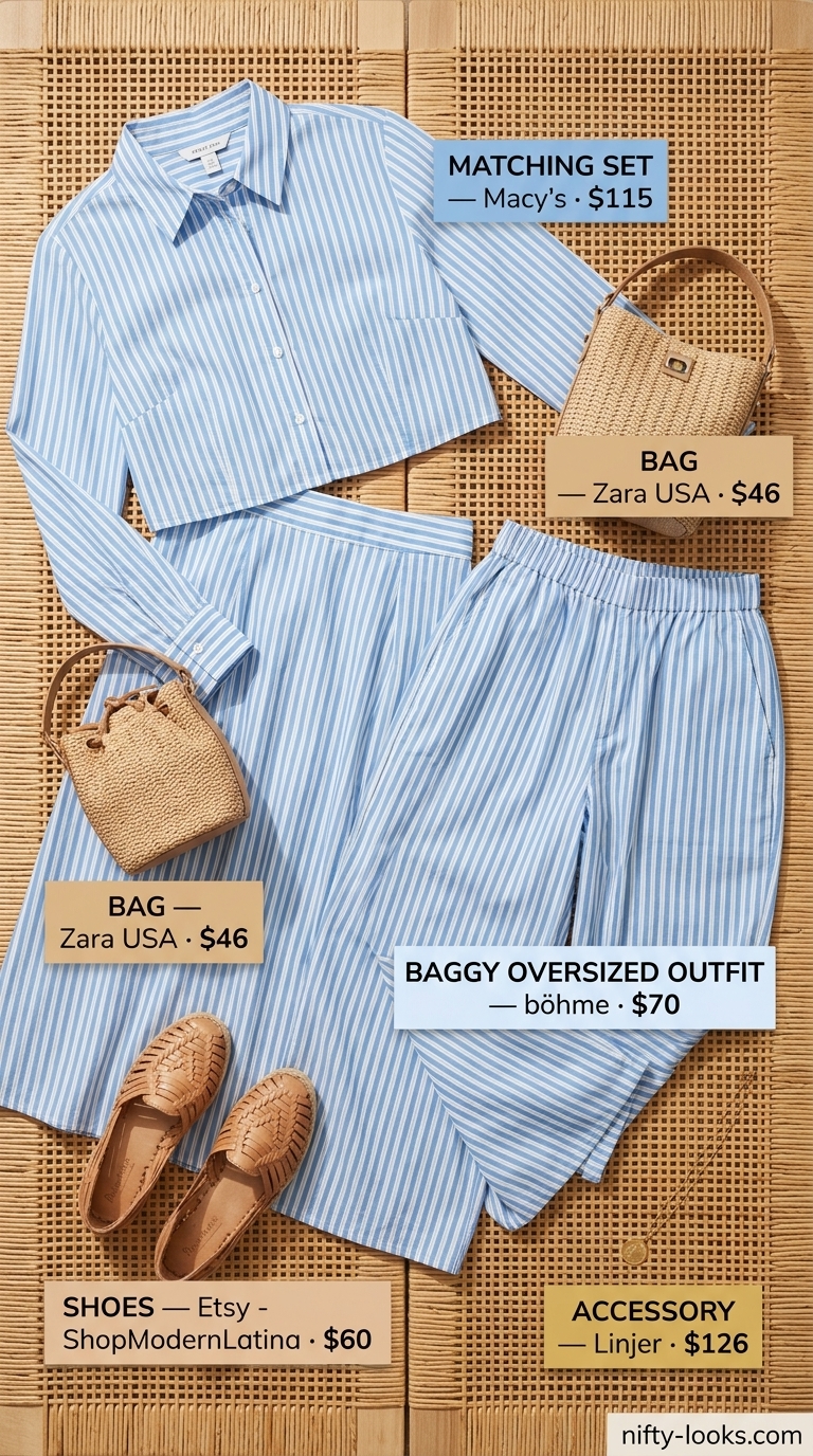 Baggy Oversized Summer Outfit for Women 2026: Coastal Stripe Chic Baggy oversized summer outfit for women 2026: Striped shirt and skirt set, espadrilles, and top-handle bag for seaside lunches.