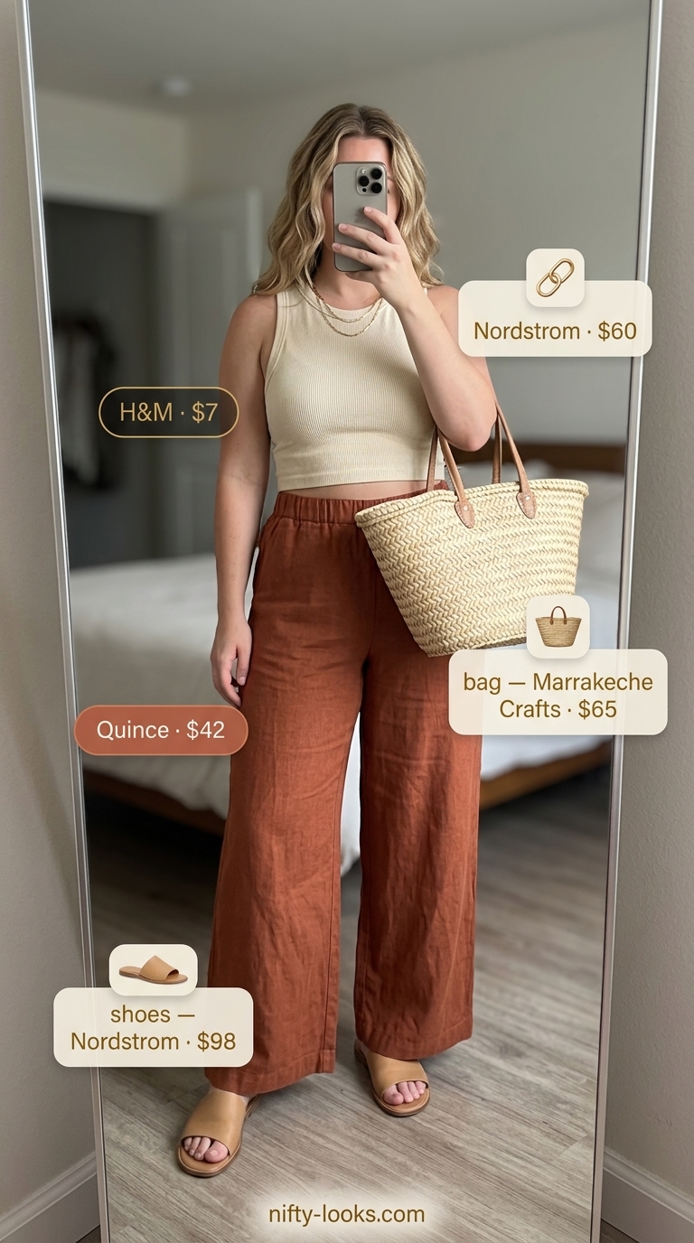 Terracotta Sunset: Baggy Oversized Summer Outfit 2026 Baggy oversized linen set summer outfit for women 2026 in terracotta and cream for brunch.