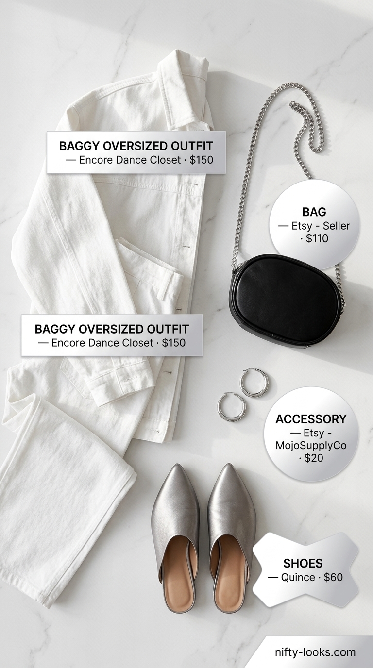 Baggy Oversized Summer Outfit 2026: Urban Chic Baggy oversized summer outfit for women 2026: white shirt & trousers, black belt, bag, and mules. Modern & clean.