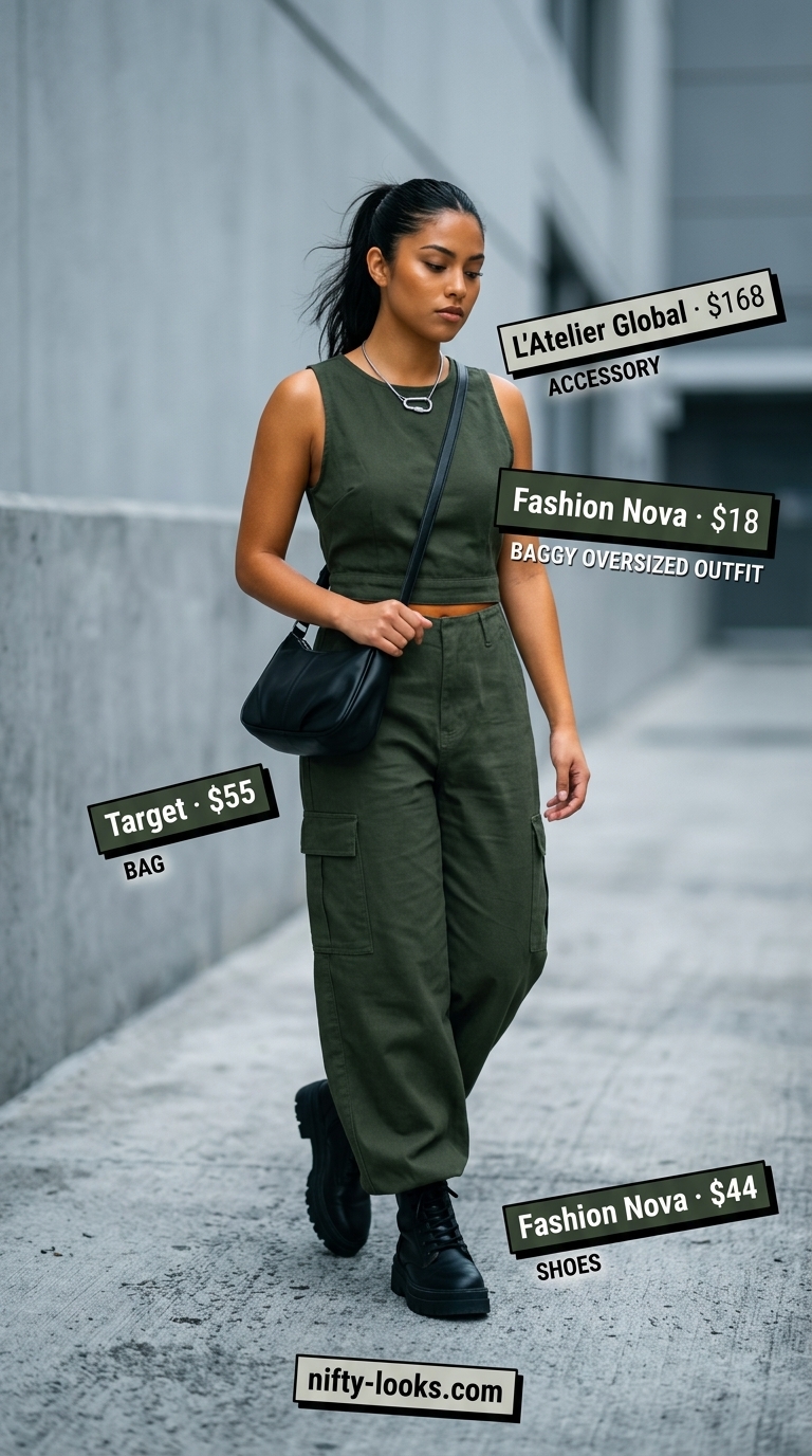 Baggy Oversized Summer Outfit 2026: Utility Chic Baggy oversized summer outfit for women 2026: olive jumpsuit, black combat boots, silver necklace, black crossbody bag.