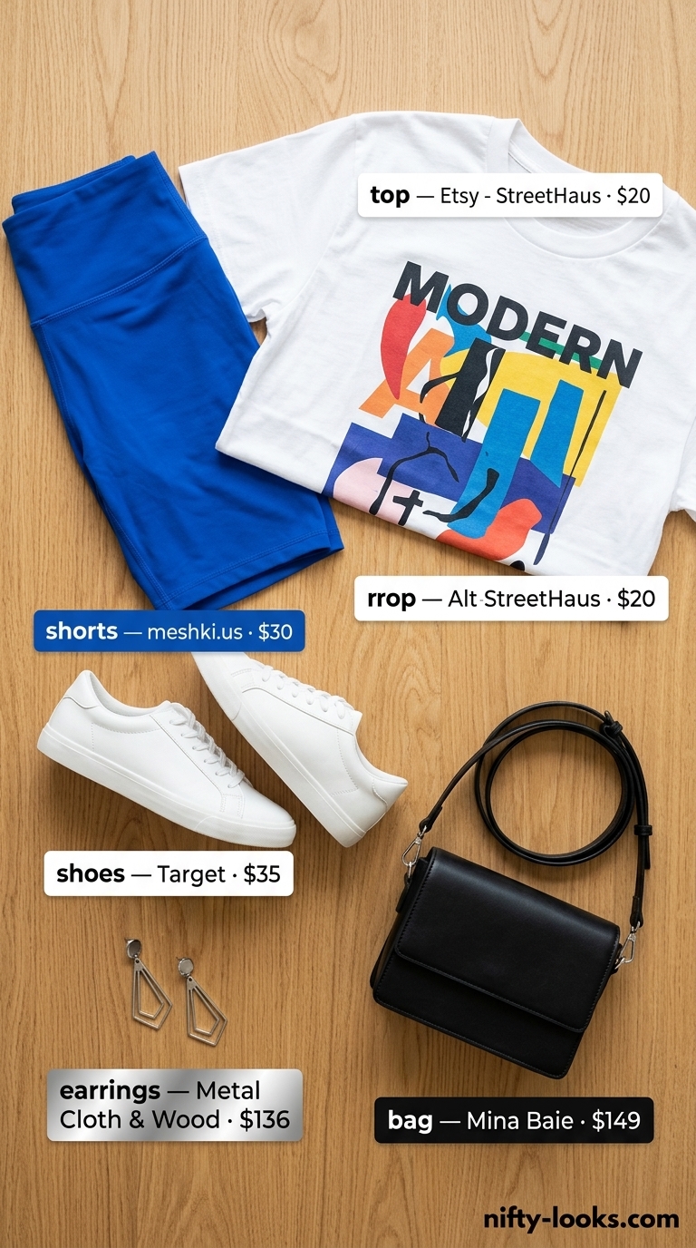Artistic City Stroll Outfits 2026 Artistic city stroll outfit: cobalt blue biker shorts, abstract print oversized tee, white sneakers, mini top-handle bag.