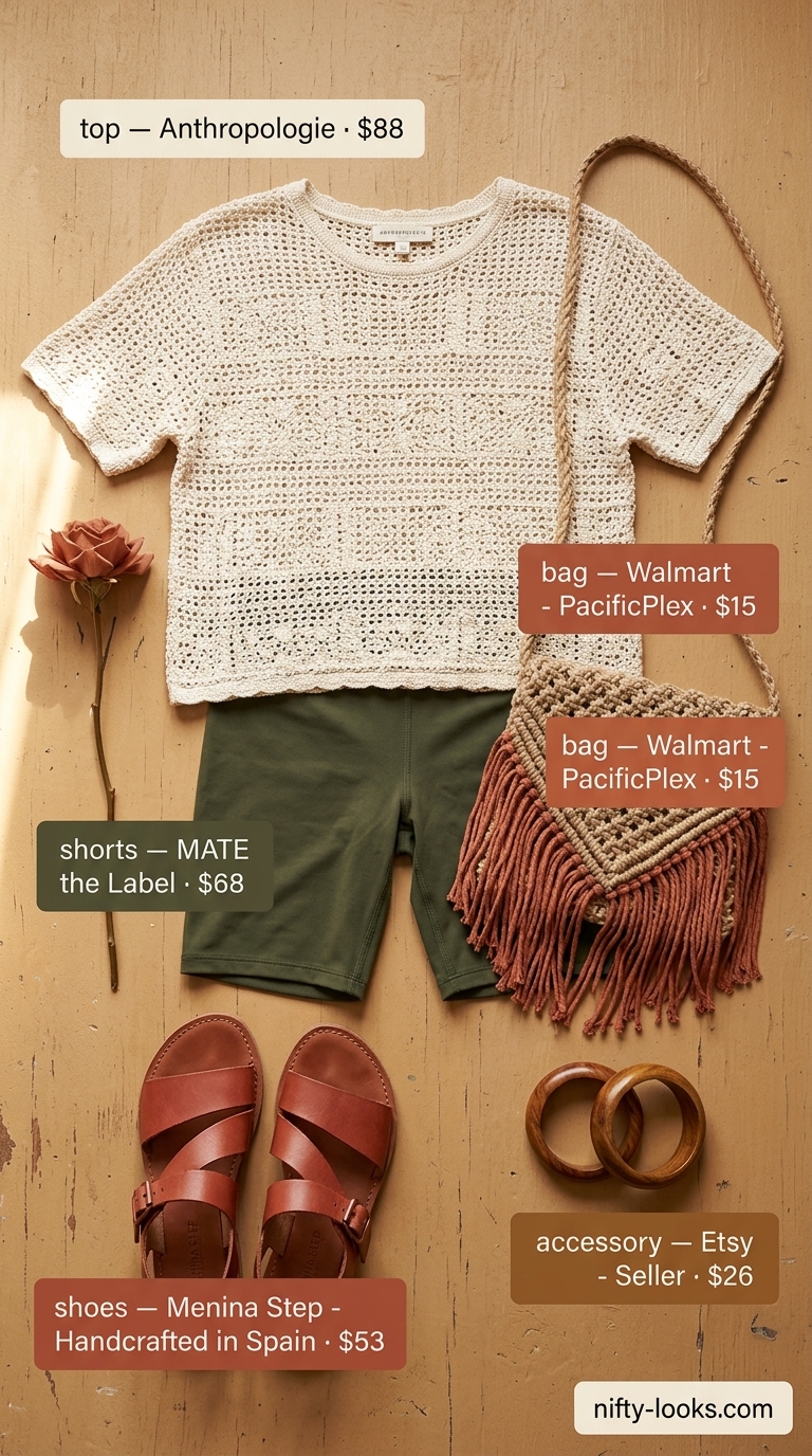 Boho Market Day Outfits 2026 Boho market day outfit: olive green biker shorts, cream oversized tee with crochet trim, espadrilles, wood bangles, macrame bag.