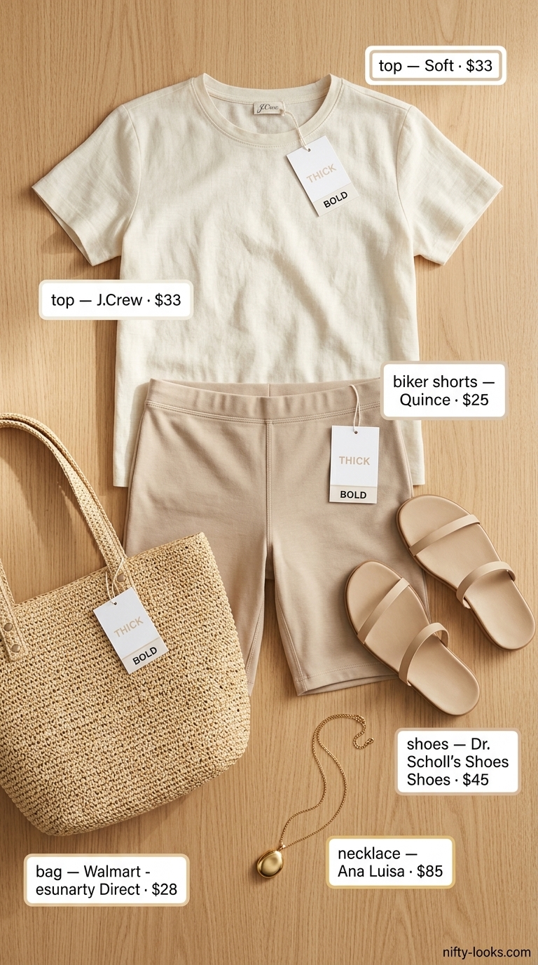 Biker Shorts & Oversized Tee Outfits Summer 2026: Coastal Brunch Biker shorts with oversized tee outfits summer for women 2026: Cream linen tee, beige biker shorts, straw tote for coastal brunch.